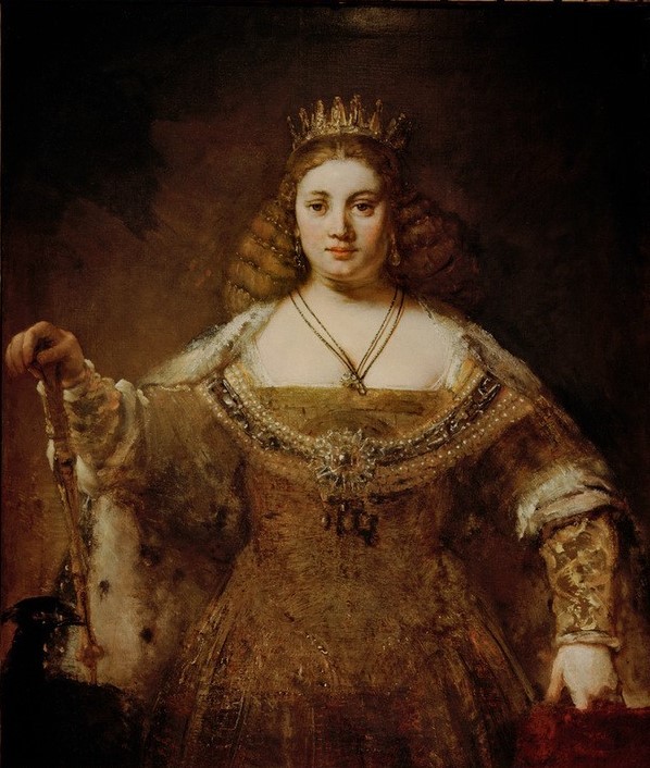 Rembrandt Harmenszoon van Rijn, Juno (Frau,Königin,Kunst,Mythologie,Barock,Dekollete,Portrait,Hermelin,Zepter,Niederländische Kunst,Holländische Kunst,Göttin,Halbfigur,Griechisch-Römische Mythologie,Krone)
