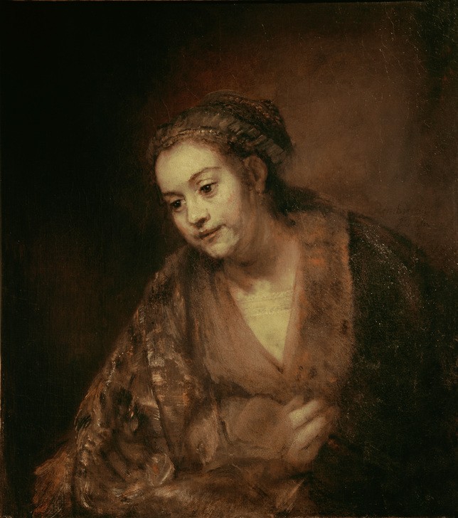 Rembrandt Harmenszoon van Rijn, Halbfigur einer Frau (Frau,Kunst,Mensch,Barock,Portrait,Künstlerfrau,Helldunkel,Niederländische Kunst,Holländische Kunst,Halbfigur)