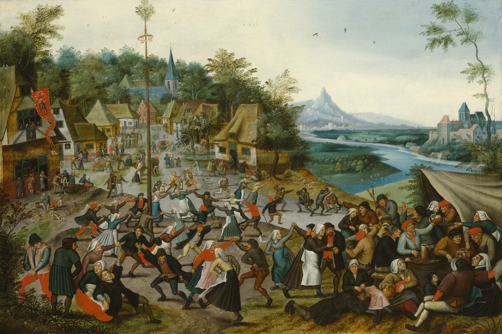 Pieter Brueghel der Jüngere, Tanzende Bauern um einen Maibaum (Feste,Kalenderfeste,Kunst,Tanz,Volksfest,Volkskunde,Frühling,Volkstanz,Niederländische Kunst,Urinieren,Maibaum,Landleben,Ausgelassenheit,Landbevölkerung,Dorfleben,Erster Mai)