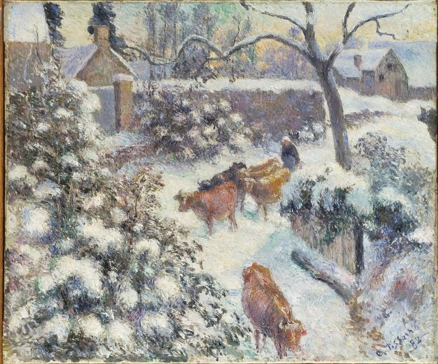 Camille Pissarro, Effet de neige à Montfoucault (Dorf,Jahreszeiten,Kunst,Landschaft,Rind,Winter,Schnee,Viehtrieb,Französische Kunst)