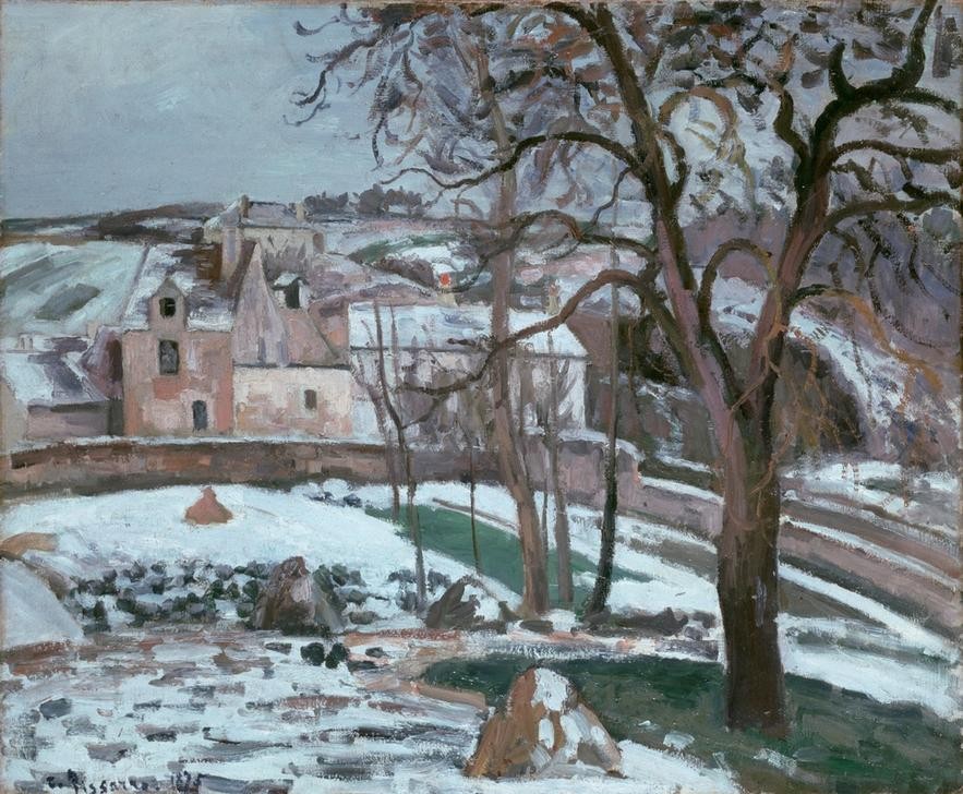 Camille Pissarro, Effet de neige à L’Hermitage, Pontoise (Bauernhaus,Jahreszeiten,Kunst,Landschaft,Winter,Impressionismus,Schnee,Acker,Französische Kunst)