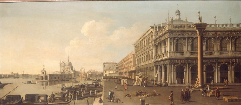 Giovanni Antonio Canaletto, Molo in Venedig mit der Säule des Hl. Theodor und der Librer (Städte, Venedig, Vedute, Architektur, Gondeln, Piazetta, Säulen, Bücherei, Wunschgröße, Wohnzimmer,  Barock, Klassiker,)