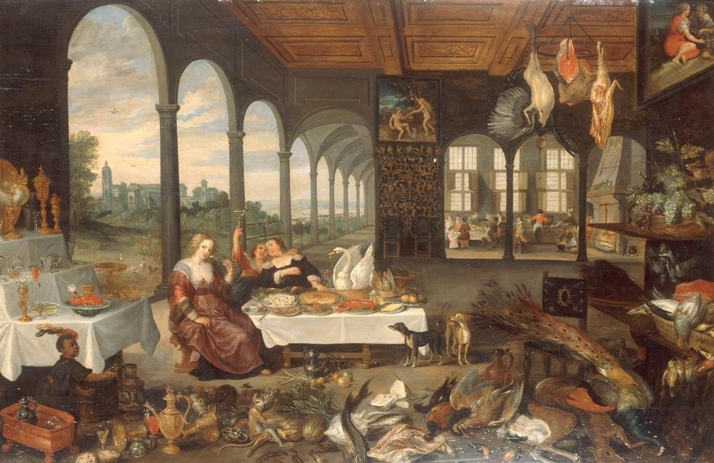 Jan BRUEGHEL DER Jüngere, Der Geschmack (Affe,Essen Und Trinken,Kunst,Physiologie,Tafelsitten,Barock,Allegorie,Pfau,Buffet (Essen),Stillleben,Geflügel,Interieur,Fünf Sinne,Niederländische Kunst,Überfluss,Geschmackssinn,Gedeckter Tisch,Anrichte)