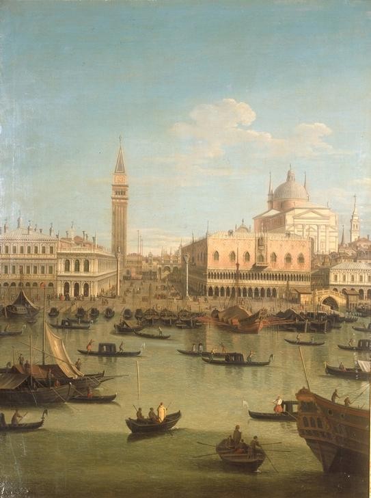 Giovanni Antonio Canaletto, Venezianisches Capriccio mit Piazzetta und Kirche Il Redent (Städte, Venedig, Vedute, Capriccio, Redentore-Kirche, Campanile, Glockenturm, Architektur, Gondeln, Canal, Wunschgröße, Wohnzimmer, Klassiker,  Barock)