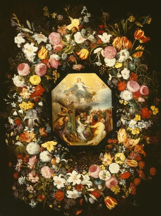 Jan BRUEGHEL DER Jüngere, Himmelfahrt Mariä in einem Blumenkranz (Botanik,Christentum,Flämische Kunst,Kunst,Lilie,Religion,Rose,Tulpe,Blumenkranz,Barock,Bild Im Bild,Neues Testament,Bibel,Mariä Himmelfahrt,Marienleben,Niederländische Kunst,Blume,Schneeball (Blume))