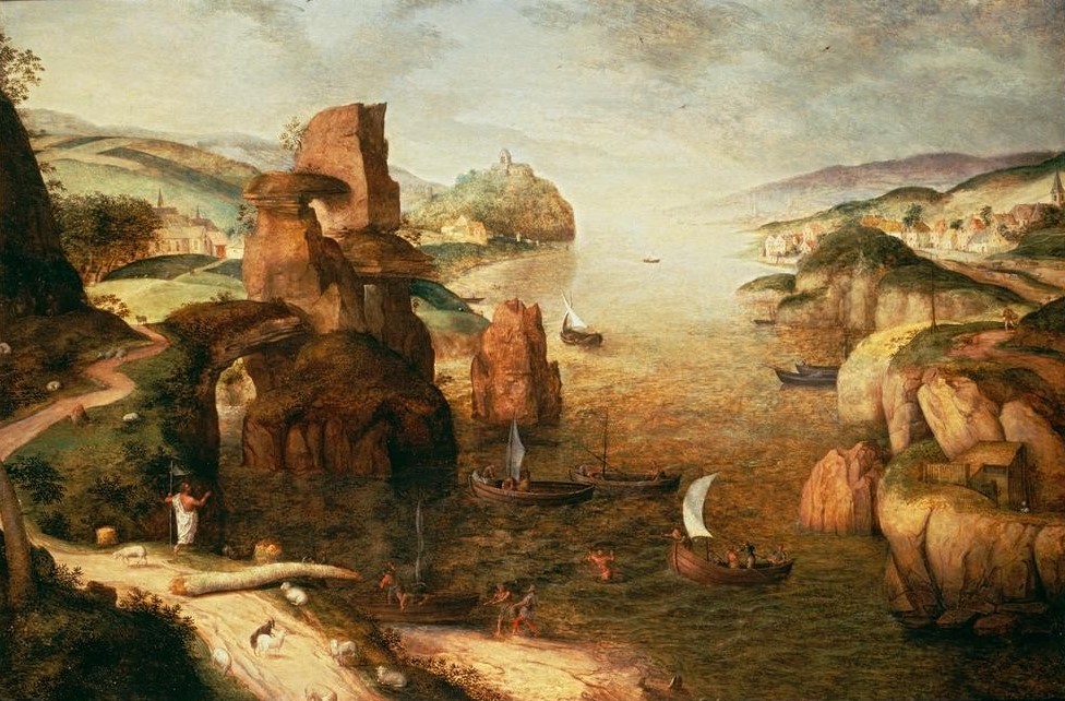 Pieter Brueghel der Ältere, Landschaft mit Erscheinung des auferstandenen Christus am S (Boot,Christentum,Flämische Kunst,Kunst,Landschaft,Religion,Schiff,Fischerboot,See,Renaissance,Neues Testament,Bibel,Weltlandschaft,Niederländische Kunst,Wunderbarer Fischzug (Erscheinung Jesu),Erscheinung,Orte Der Bibel)