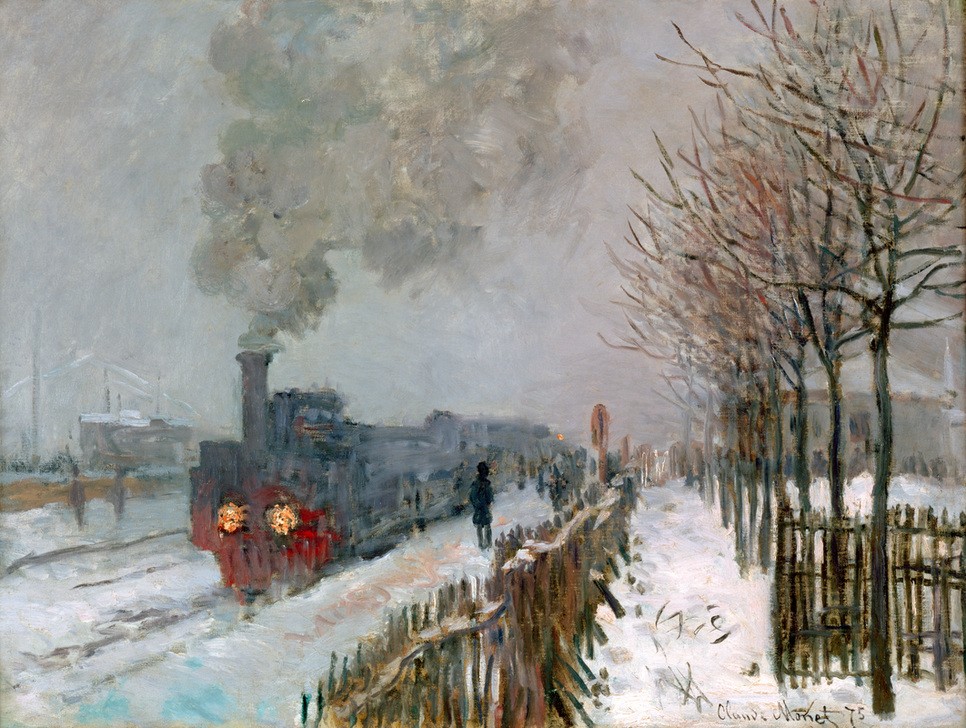 Claude Monet, Le Train dans la neige, ou La Locomotive (Eisenbahn,Jahreszeiten,Lokomotive,Verkehr,Winter,Impressionismus,Schnee,Französische Kunst,Dampflokomotive,Umweltverschmutzung,Qualm)