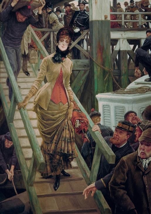 James Tissot (Jacques-Joseph), Embarquement à Calais (Damenmode,Frau,Hafen,Kunst,Mode,Freizeit,Seereise,Reise,Einschiffung,Alleinstehende,Französische Kunst,Eleganz,Reisekleidung,Frauenleben,Alleinreisende Frau,Schiffsreise,Gepäckträger)