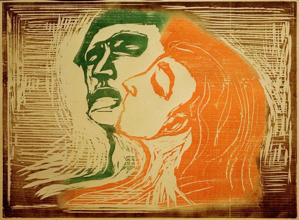 Edvard Munch, Mann und Weib, sich küssend (Jugendstil,Kunst,Liebe Und Ehe,Liebespaar,Mensch,Symbolismus,Kuss,Expressionismus)