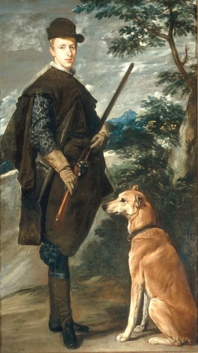 Diego Rodriguez de Silva y Velasquez, Kardinalinfant Don Ferdinand als Jäger (Gewehr,Geschichte,Handschuh,Herrenmode,Jäger,Jagd,Kunst,Mann,Statthalter Der Niederlande,Waffe,Herr Und Hund,Barock,Portrait,Habsburger,Jagdhund,Adel,Spanische Kunst,Pose,Ganzfigurig,Jagdkleidung,Lederhandschuh,Jagdgewehr,Jaegerhut,Person)