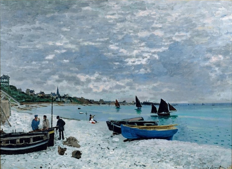 Claude Monet, La plage à Sainte-Adresse (Boot,Fischerei,Himmel (Natur),Küste,Kunst,Landschaft,Meteorologie,Ruderboot,Schiff,Schiffstypen,Strand,Verkehr,Wolke,Meer,Impressionismus,Segelboot,Marinemalerei,Französische Kunst,Schifffahrt)