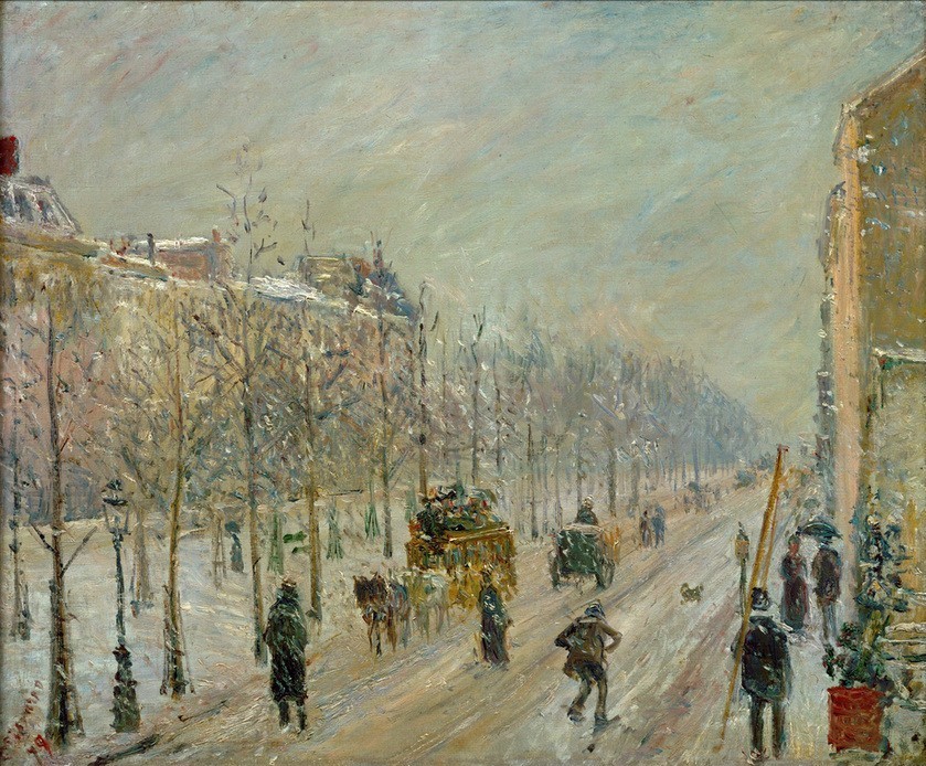 Camille Pissarro, Les Boulevards, exterieurs, effet de neige (Allee,Geographie,Jahreszeiten,Kutsche,Kunst,Musik,Oper,Pferdewagen,Strasse (Allgemein),Strassenszene,Wetter,Winter,Impressionismus,Schnee,Stadtansicht,Französische Kunst,Boulevard,Stadtlandschaft,Topographie)