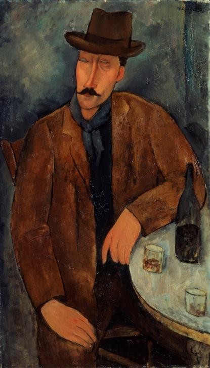 Amedeo Modigliani, L’homme au verre de vin (Alkohol,Essen Und Trinken,Gastronomie,Herrenhut,Kunst,Mann,Mensch,Wein,Schnurrbart,Alkoholismus,Portrait,Italienische Kunst,Weinglas,Sitzen,Weinflasche)