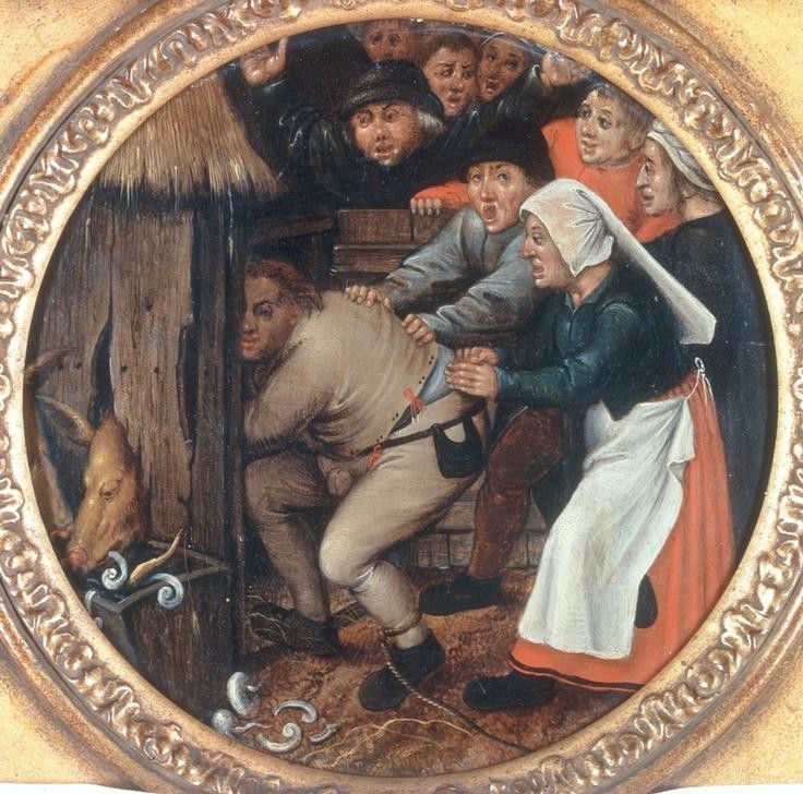 Pieter Brueghel der Jüngere, Der Trunkenbold wird in den Schweinekoben gesperrt (Alkohol,Essen Und Trinken,Kunst,Schwein,Strafe,Volkskunde,Genussmittel,Nahrungsmittel,Alkoholismus,Volksjustiz,Diffamierung,Tondo,Stall,Genre,Niederländische Kunst,Sucht,Alkoholiker,Schweinezucht,Aussenseiter,Demütigung)