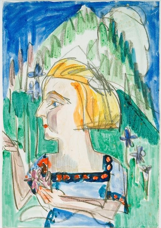 Ernst Ludwig Kirchner, Mariele (Deutsche Kunst,Frau,Gebirge,Kunst,Landschaft,Mensch,Portrait,Expressionismus,Pagenschnitt,Die Brücke,Im Freien (Allgemein),Blonde Haare,Profil,Berg,Halbfigur,Frisur,Signatur)