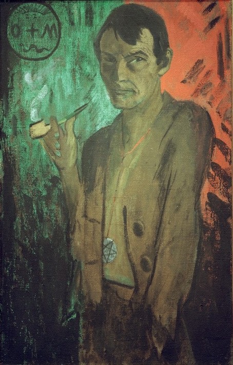 Otto Mueller, Selbstbildnis mit Pentagramm (Deutsche Kunst,Künstler,Kunst,Maler (Künstler),Mann,Tabak,Pfeife (Tabak),Rauchen,Selbstbildnis,Portrait,Expressionismus,Die Brücke,Person,Raucher,Symbolik,Magie Und Zauberei)