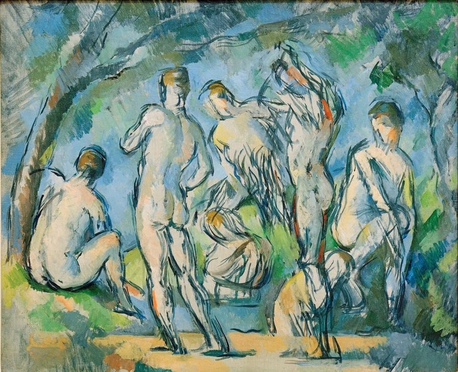 Paul Cézanne, Sept baigneurs (Körperpflege,Bad Im Freien,Bad,Freikörperkultur,Gruppenbild,Kunst,Mann,Impressionismus,Akt,Rückenakt,Französische Kunst,Jahrhundertwende)