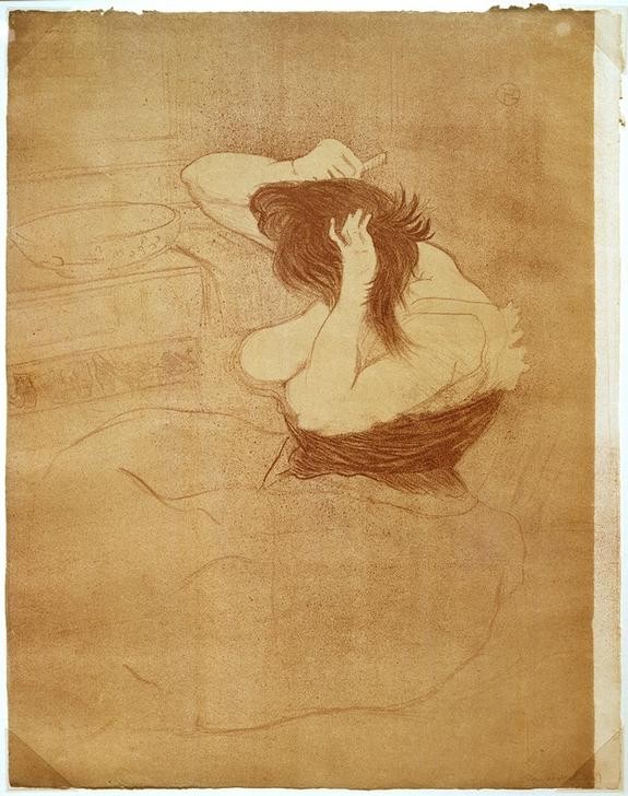 Henri de Toulouse-Lautrec, Femme qui se peigne, La coiffure (Körperpflege,Bad,Erotik,Frau,Haarpflege,Jugendstil,Prostitution,Dekollete,Busen,Prostituierte,Portrait,Französische Kunst,Sexualität,Fin De Siecle,Frauenleben,Bordell,Haarekämmen)