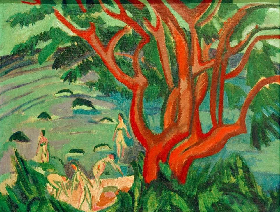 Ernst Ludwig Kirchner, Roter Baum am Strand (Deutsche Kunst,Freikörperkultur,Kunst,Landschaft,Freizeit,Seebad,Strand,Meer,Akt,Baum,Expressionismus,Reise,Die Brücke)