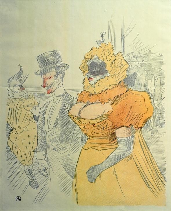 Henri de Toulouse-Lautrec, Bal des étudiants (Abendgarderobe,Ball (Gesellschaft),Feste,Gesellschaftliches Leben,Jugendstil,Masken- Und Kostümbälle,Zylinder (Hut),Student,Plakat,Dekollete,Frack,Ballkleid,Französische Kunst,Studentenleben,Jahrhundertwende,Vollschlank,Maske (Gegenstand))