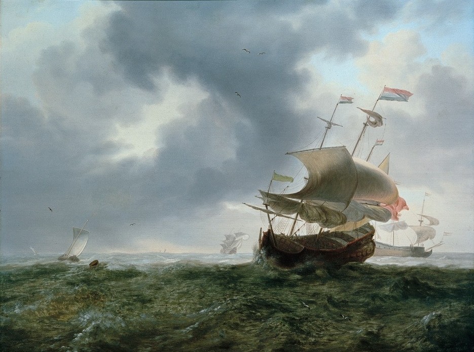 Jan Theunisz. Blanckerhoff, Schlachtschiffe und Fischerboote in stürmischer See (Himmel (Natur),Kriegsschiff,Kunst,Landschaft,Marine,Meteorologie,Schiff,Segelschiff,Wetter,Wolke,Fischerboot,Meer,Segelboot,Barock,Marinemalerei,Wind,Niederländische Kunst,Schlechtes Wetter,Sturm,Schifffahrt)