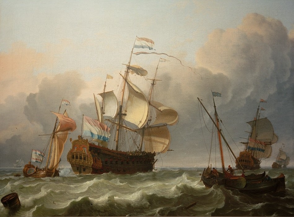 Ludolf Backhuysen, Ein niederländisches Flaggschiff mit einer Jacht vor ihrem Heck (Flagge,Himmel (Natur),Kriegsschiff,Kunst,Landschaft,Militär,Schiffstypen,Segelschiff,Meer,Segelboot,Barock,Marinemalerei,Wind,Niederländische Kunst,Jacht,Welle,Flaggschiff,Schifffahrt)
