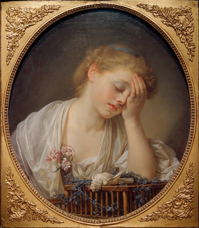 Jean Baptiste Greuze, Das junge Mädchen, das seinen toten Vogel beweint (Frau,Kunst,Mädchen,Mensch,Tod,Vogel,Trauer,Rokoko,Hand,Weinen,Tierliebe,Haube,Französische Kunst,Vogelkäfig,Haustier,Traurigkeit,Frau Und Tier,Frauenleben,Tier,Blume,Junge Frau,Gefühl (Stimmung),Oval,Negative Stimmungen Und Gefühle)