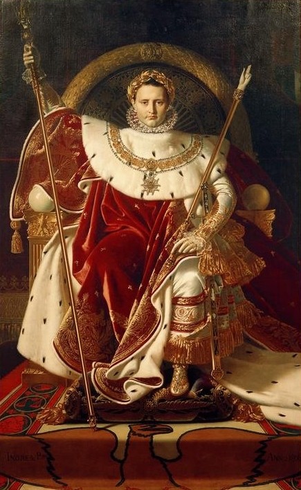 JEAN-AUGUSTE-DOMINIQUE INGRES, Napoleon auf dem Thron (Geschichte,Kaiser,Kunst,Mann,Klassizismus,Portrait,Zepter,Staatsportrait,Lorbeerkranz,Thron,Französische Kunst,Kroninsignien,Ordenskette,Krönungsmantel,Sitzen,Fusskissen,Ganzfigurig,Erstes Kaiserreich (1804-1815),Person)