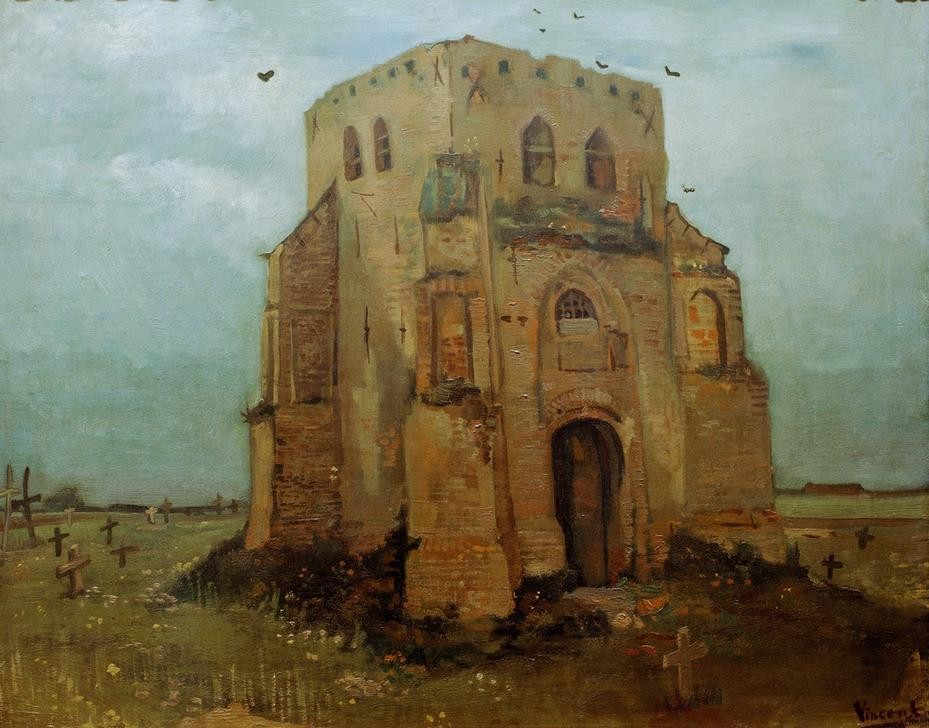 Vincent van Gogh, Der alte Kirchturm zu Nuenen, ‘Der Bauernkirchhof' (Friedhof,Kirche,Kunst,Ruine,Impressionismus,Architekturdarstellung,Niederländische Kunst,Kirchturm)