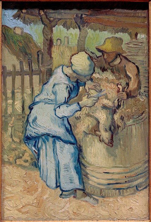 Vincent van Gogh, Die Schafschererin (Bauer (Landwirt),Schafzucht,Impressionismus,Bäuerin,Schaf,Schafschur,Niederländische Kunst,Landleben,Frauenleben,Landbevölkerung,Schäferin,Landwirtschaft,Schäfer)