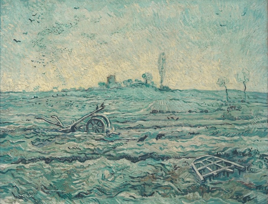 Vincent van Gogh, Verschneites Feld mit Egge (Ackerbau,Egge,Geräte,Jahreszeiten,Kunst,Landschaft,Winter,Impressionismus,Schnee,Einsamkeit,Acker,Niederländische Kunst,Feld,Landwirtschaft)