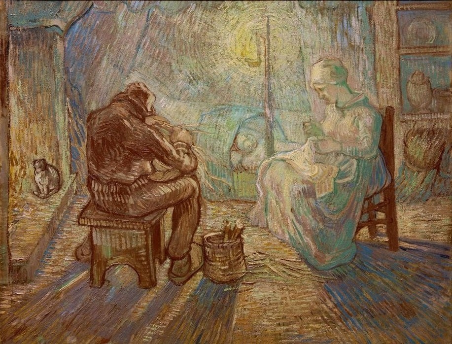Vincent van Gogh, Abend (Baby,Eltern Mit Kind,Familie,Frau,Handarbeit,Katze (Tier),Kind,Korbmacher,Licht Und Beleuchtung,Mann,Mensch,Szene,Tageszeiten,Abend,Impressionismus,Lampe,Wiege,Nähen,Niederländische Kunst,Korb,Haustier,Familienleben,Landleben,Stuhl,Landbevölkerung,Beschau)