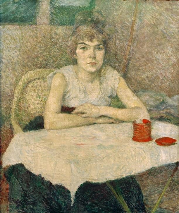 Henri de Toulouse-Lautrec, Junge Frau am Tisch,'Poudre de riz' (Frau,Kosmetik,Mensch,Puder,Impressionismus,Tisch,Portrait,Französische Kunst,Haarknoten,Sitzen,Junge Frau,Blick Aus Dem Bild,Puderdose,Frisur)