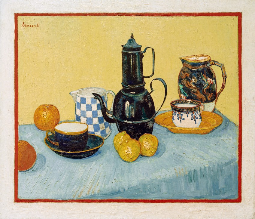 Vincent van Gogh, Stilleben mit Kaffeetasse (Früchte,Kaffee,Kanne,Kunst,Obst,Impressionismus,Stillleben,Niederländische Kunst,Zitrone,Kaffeekanne,Milchkanne,Trinkgeschirr,Zitrusfrucht,Apfelsine,Tasse)