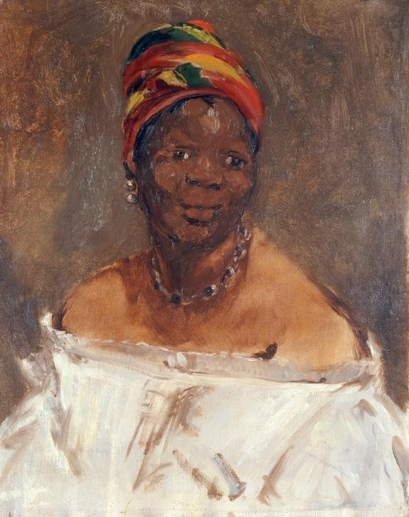 Edouard Manet, La négresse (Frau,Kunst,Völkerkunde,Turban,Portrait,Schwarze,Französische Kunst,Lächeln,Schulterfrei,Brustbild,Schwarzer,Kopftuch)