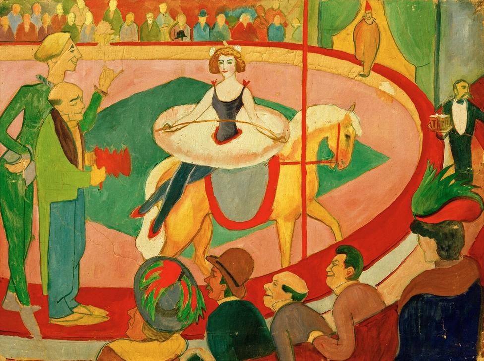 August Macke, Circusbild I: Kunstreiterin (Deutsche Kunst,Fahrendes Volk,Gesellschaft,Kunstreiter,Kunst,Zirkus (Theater),Expressionismus,Clown,Der Blaue Reiter,Reiterin,Manege,Zuschauer,Reiten,Kunstreiterin)