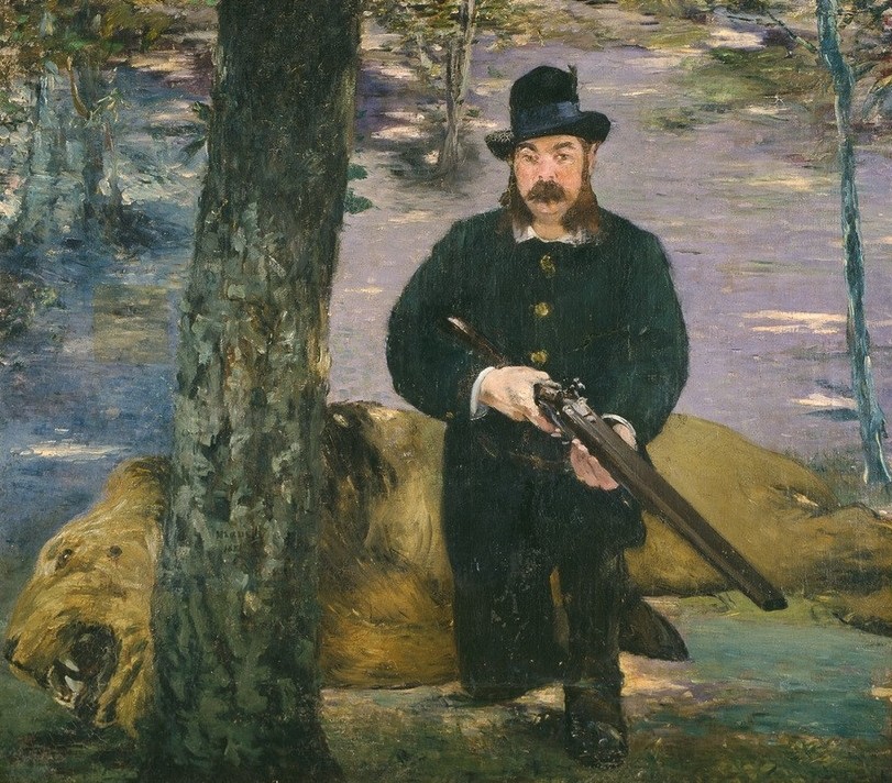 Edouard Manet, Portrait de Pertuiset, le chasseur de lions (Gewehr,Jäger,Jagd,Kunst,Löwe (Tier),Mann,Freizeit,Tierarten,Portrait,Grosswildjäger,Löwenjagd,Französische Kunst,Raubkatze,Knien,Jagdbeute,Bedrohte Arten,Jagdgewehr)