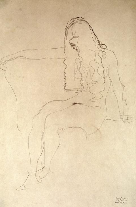 Gustav Klimt, Sitzender Mädchenakt, das Gesicht durch die Haare verdeckt  (Mensch und Gesellschaft)