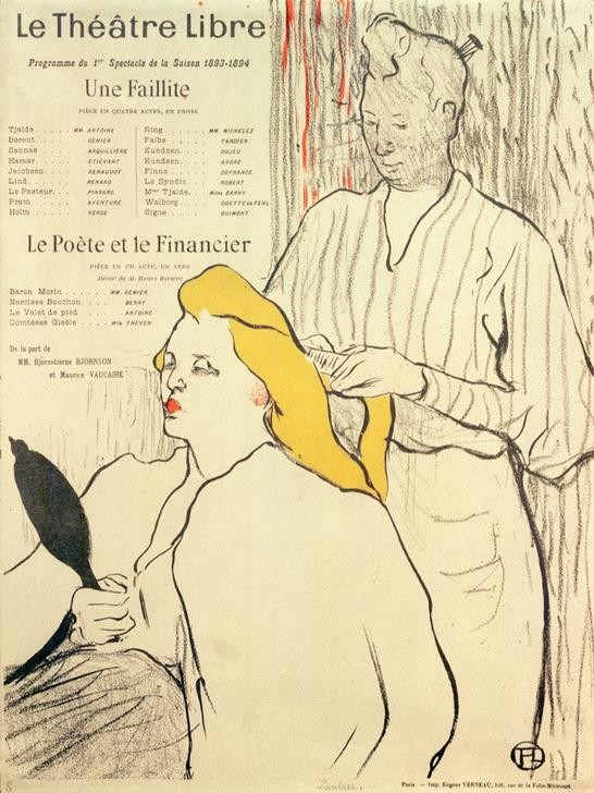Henri de Toulouse-Lautrec, La coiffure (Körperpflege,Bad,Dienstboten,Haarpflege,Jugendstil,Spiegel,Theater,Theaterzettel,Französische Kunst,Zofe,Dienerin,Belle Epoque,Frauenleben,Frisieren,Haarekämmen)