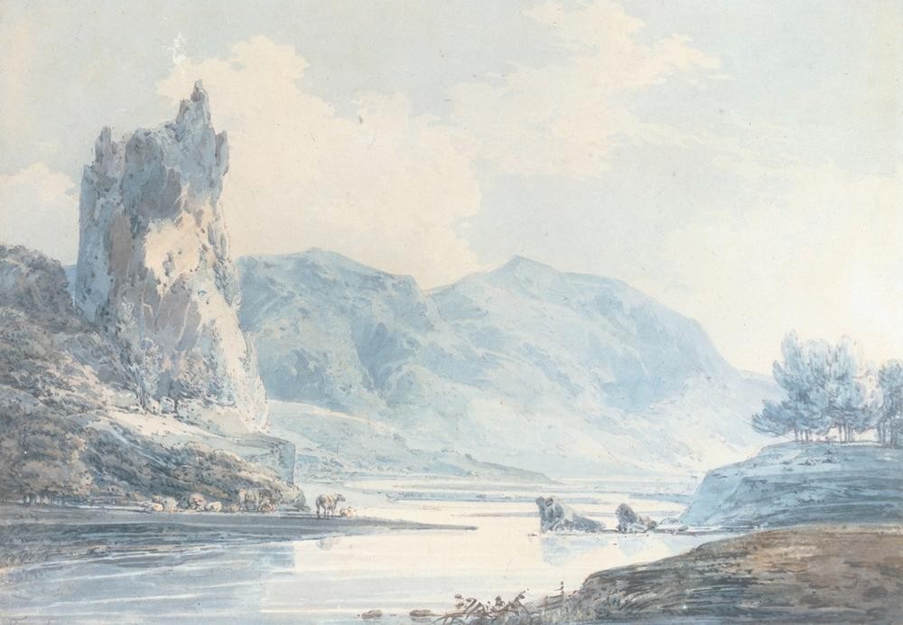 JOSEPH MALLORD WILLIAM TURNER, Ilam Rock, Dovedale, Staffordshire (Geographie,Kunst,Landschaft,Fluss,Felsen,Englische Kunst,Romantik,Topographie,Felsnadel)