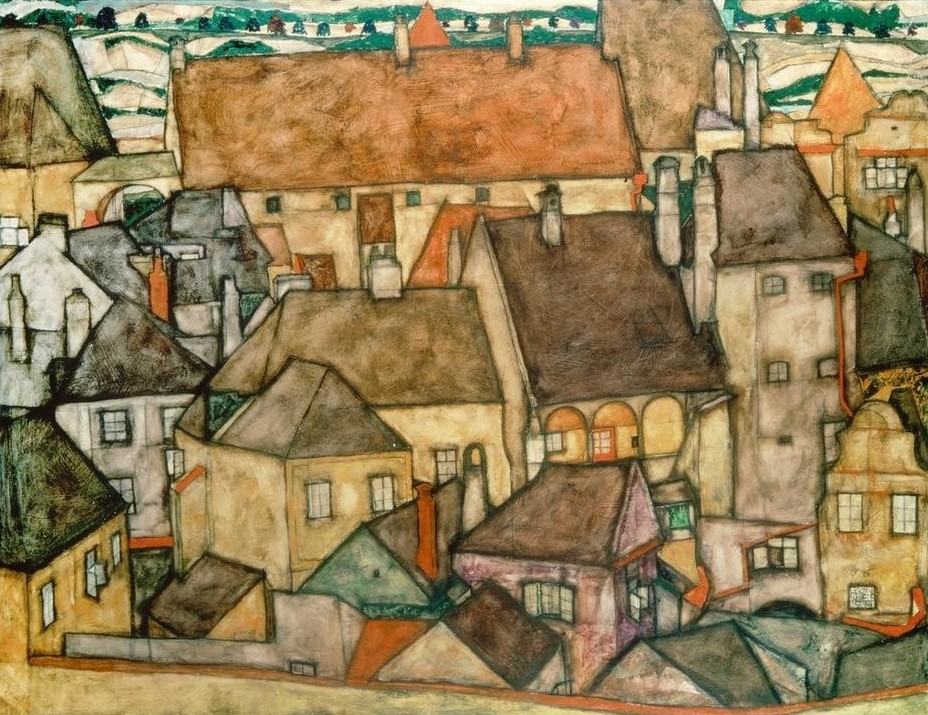 Egon Schiele, Gelbe Stadt (Altstadt,Architektur,Jugendstil,Kunst,Stadt,Urbanistik,Kleinstadt,Expressionismus,Stadtansicht,Architekturdarstellung,Österreichische Kunst,Dachlandschaft,Vorort)