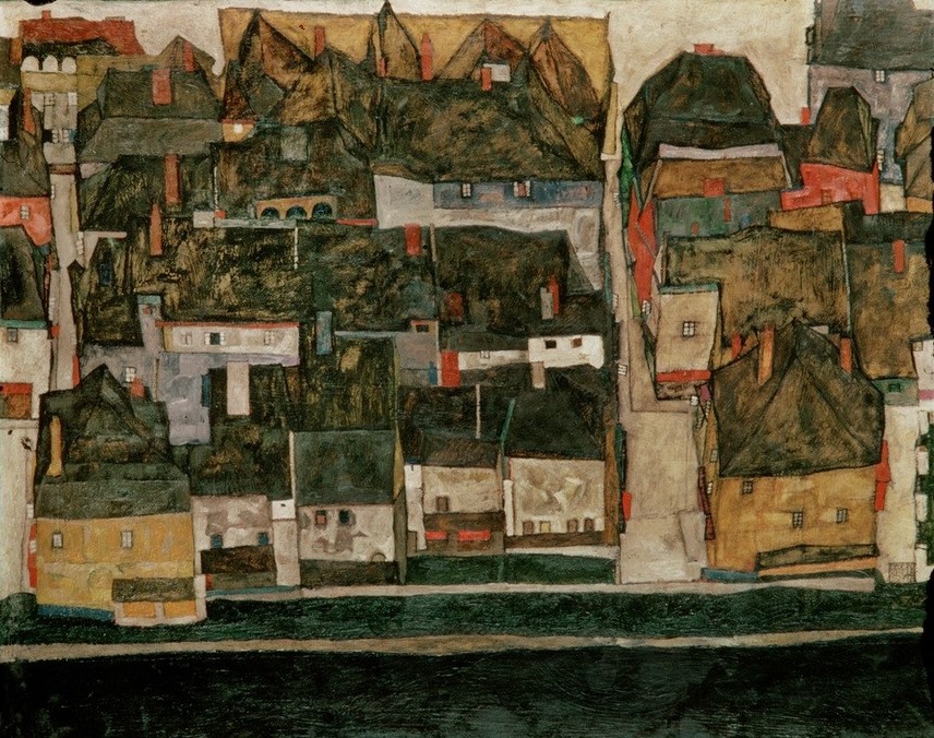 Egon Schiele, Die kleine Stadt IV (Krumau an der Moldau) (Altstadt,Architektur,Jugendstil,Kunst,Stadt,Teilansicht,Fluss,Kleinstadt,Expressionismus,Stadtansicht,Architekturdarstellung,Vogelschau,Österreichische Kunst,Dachlandschaft)