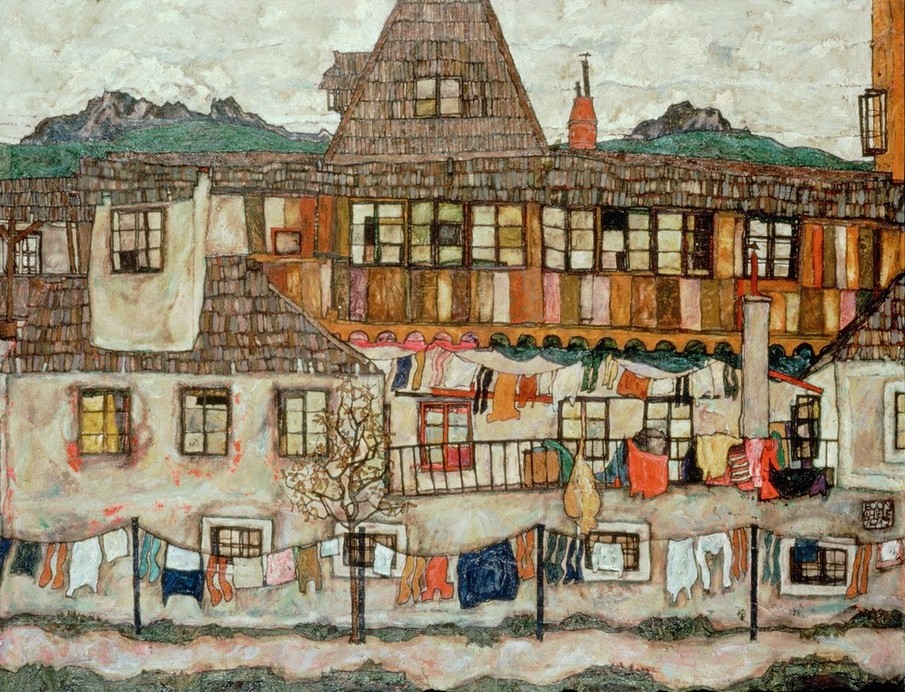 Egon Schiele, Haus mit trocknender Wäsche (Architektur,Haus,Jugendstil,Kunst,Wohnhaus (Allgemein),Hütte,Expressionismus,Architekturdarstellung,Österreichische Kunst,Wäsche,Wäscheleine,Vorort,Wäscherin)