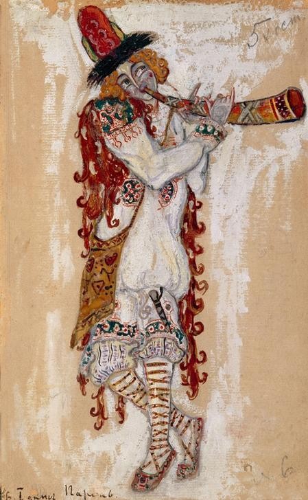 Nikolai Konstantinow Roerich, Strawinski, Sacre du Printemps (Ballett,Bauer (Landwirt),Blasinstrument,Figurine,Kunst,Musik,Tänzer,Tanz,Theater,Volkskunde,Frühling,Uraufführung,Russische Kunst,Bläser,Ganzfigurig,Person,Horn (Instrument))