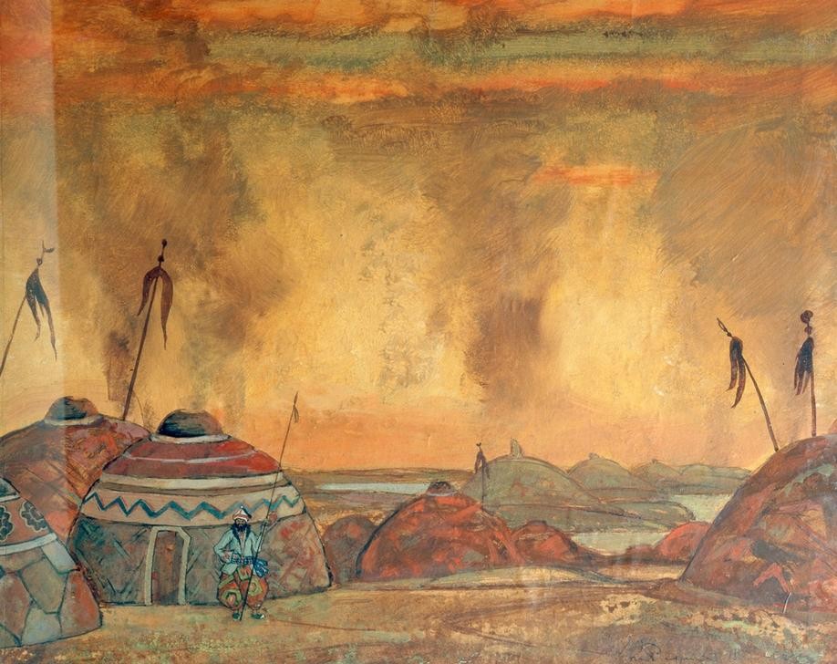 Nikolai Konstantinow Roerich, Borodin, Fürst Igor / Bühne (Bühnenbild,Feldlager,Kunst,Militär,Musik,Oper,Theater,Russische Kunst,Person)