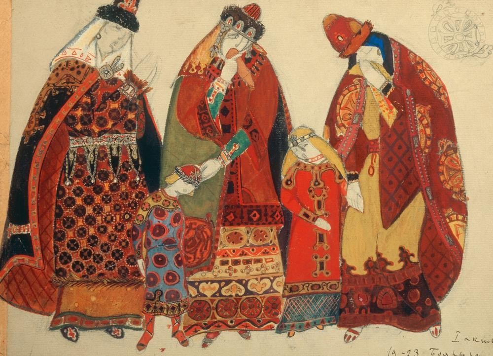 Nikolai Konstantinow Roerich, Borodin, Fürst Igor / Figurinen (Figurine,Frau,Gruppenbild,Kunst,Musik,Oper,Theater,Volkskunde,Russische Kunst,Person)