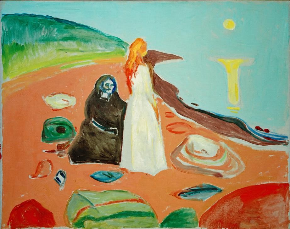 Edvard Munch, Zwei Frauen am Strand (Frau,Gruppenbild,Rast,Freizeit,Seebad,Sonnenuntergang,Spaziergang,Strand,Symbolismus,Expressionismus,Reise,Einsamkeit,Norwegische Kunst,Jugend Und Alter,Gegensatz,Aussicht)