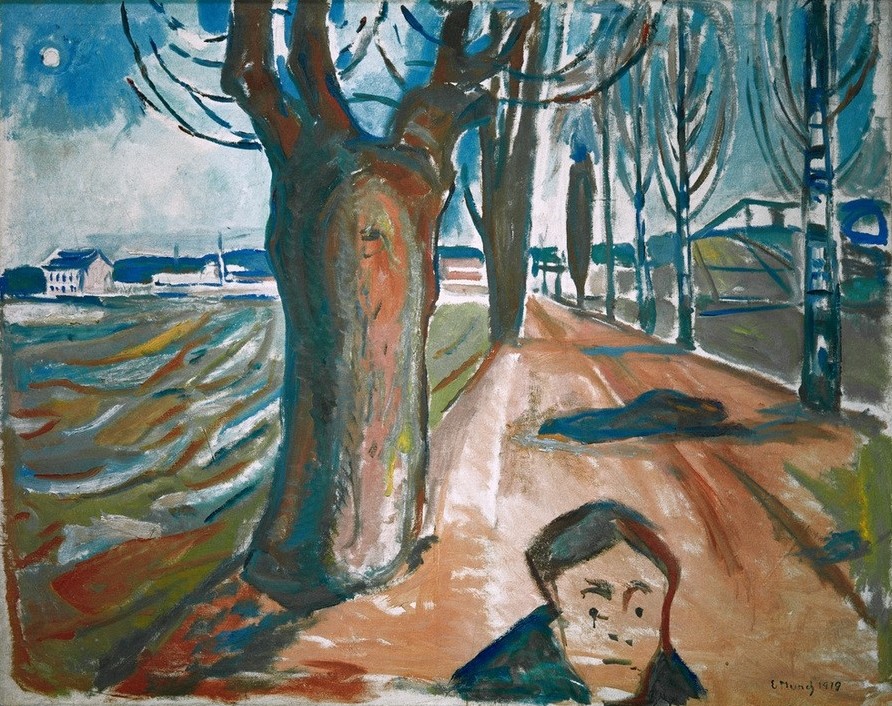 Edvard Munch, Der Mörder in der Allee (Allee,Kunst,Landschaft,Leiche,Mann,Mensch,Recht,Strasse (Allgemein),Tod,Tatort,Mörder,Flucht,Baum,Expressionismus,Mord,Norwegische Kunst,Kriminalität,Mordopfer,Skandinavische Kunst,Signatur,Verbrechen)