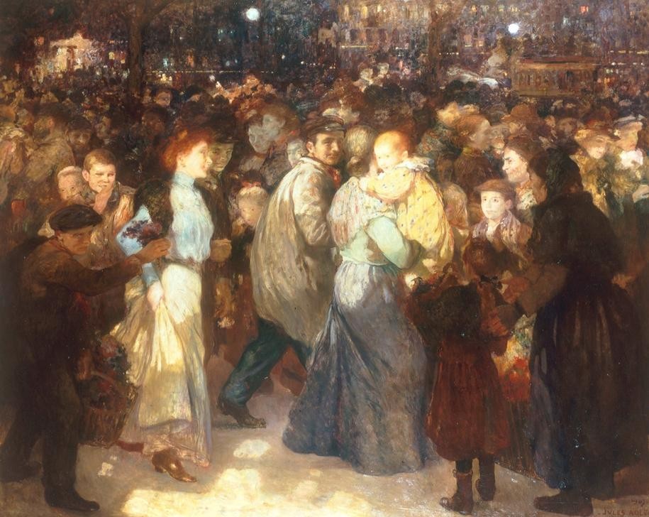 Jules Adler, Soir de fête (FESTE, GESELLSCHAFT, KUNST, SOZIALES, VOLKSFEST, REALISMUS, FRANZÖSISCHE KUNST, PROLETARIAT, MENSCHENMENGE, STRASSENFEST, GEDRÄNGE)