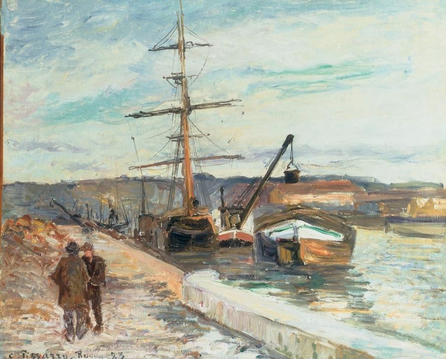 Camille Pissarro, Hafen in Rouen (Geographie,Hafen,Segelschiff,Impressionismus,Lastkahn,Französische Kunst,Topographie,Schifffahrt)